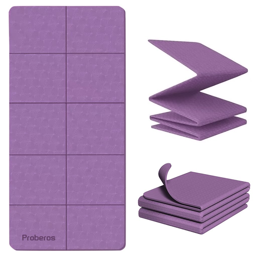 Proberos Portable Folding Yoga Mat with Carry Bag TPE Yoga Mat Anti-slip 5mm Thicken Fitness Yoga Mat for Men Women Pilates Mat for Home Workout, Gym, Travel, 72x24 inches, Purple Proberos Portable Folding Yoga Mat with Carry Bag TPE Yoga Mat Anti-slip 5mm Thicken Fitness Yoga Mat for Men Women Pilates Mat for Home Workout, Gym, Travel, 72x24 inches, Purple